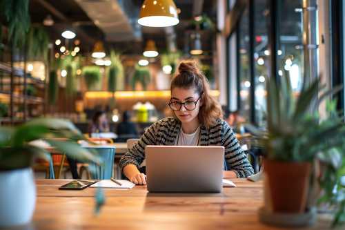 © Alexey - Adobe Stock.com Frau arbeitet auf Laptop in Raum mit vielen Pflanzen